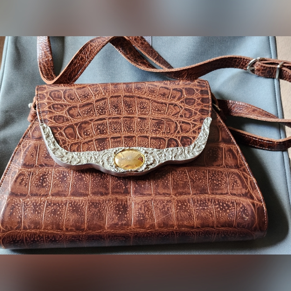 Glen Miller for Ann Turk Croc Pattern Leather Crossbody Bag Purse Brown Vintage